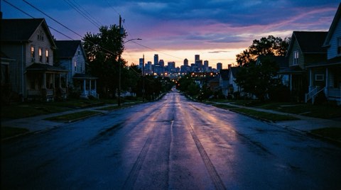 A residential street view opening onto a distant urban skyline silhouette in dusky evening light