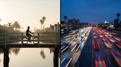 A split scene of a cyclist on a Venice canal bridge and a highway commute at dusk