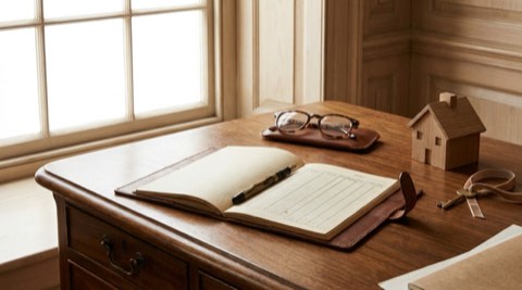 Desk with loan paperwork, pen, and reading glasses in soft light
