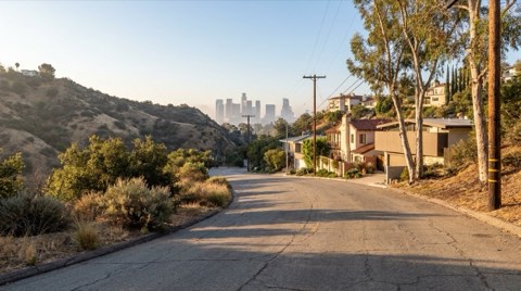 An empty hillside road in Los Feliz curving down toward the city in soft morning light
