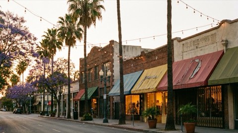 The Los Feliz village street at golden hour with small shops, string lights, and jacaranda trees