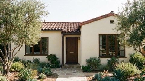 A clean, well-maintained traditional Los Feliz home exterior with simple landscaping in clear daytime light