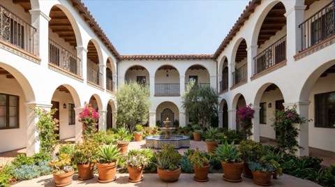 A 1930s Spanish courtyard apartment building in Los Feliz with arched walkways and a central garden