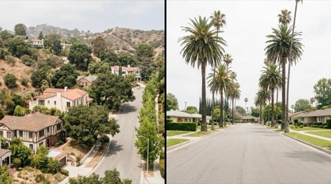A side by side comparison of a hillside Los Feliz street and a flatter Toluca Lake style street