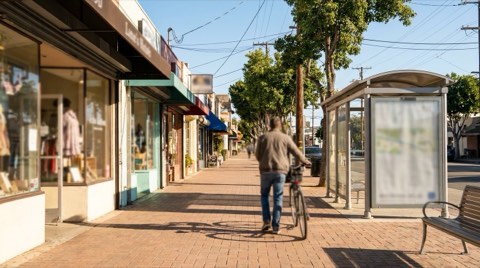 A walkable Los Feliz village sidewalk with small shopfronts and a bus stop shelter in mid-morning light