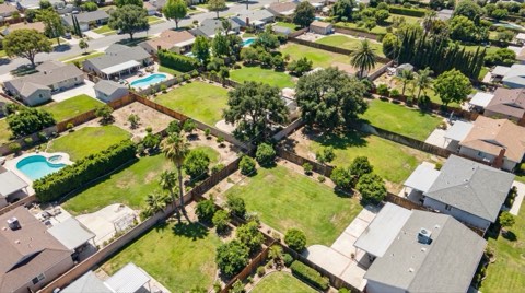 An aerial view over spacious Beverlywood backyards showing generous lot sizes with lawns and mature trees