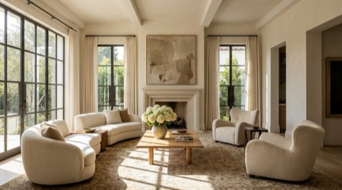 Elegantly staged formal living room with designer furniture and natural light