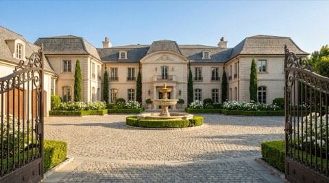 A grand gated Bel Air estate with a circular motor court, tiered stone fountain, and symmetrical formal landscaping