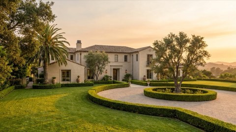 A grand traditional estate home in Beverlywood with manicured hedges and a circular driveway at golden hour