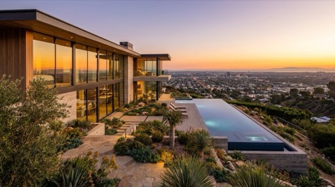 A grand modern luxury estate in the Culver City hills with an infinity pool.