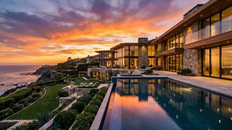 A grand hillside luxury estate with an infinity pool overlooking the ocean at sunset