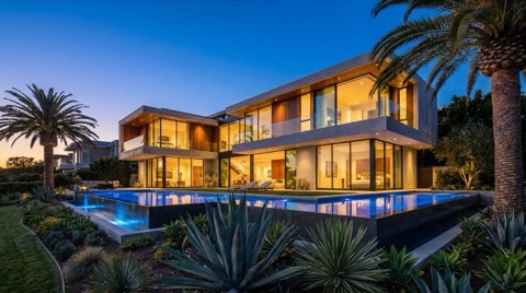 A luxury contemporary Santa Monica estate with glass walls and an infinity-edge pool glowing warmly at dusk
