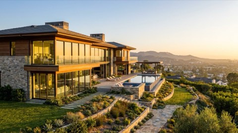 A grand luxury hillside estate in Studio City with expansive glass windows at golden hour