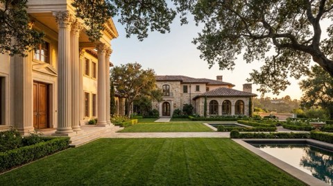A luxury estate home with a grand columned entrance and expansive manicured grounds at golden hour.