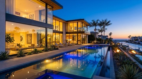 A modern luxury estate home in Venice with an infinity pool at dusk