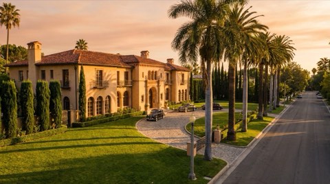 A grand Mediterranean Revival luxury estate with a symmetrical facade, wide circular driveway, and manicured lawn framed by palm trees at golden hour