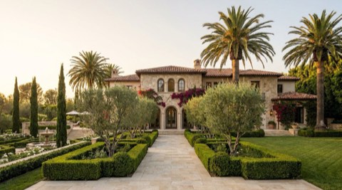 Mediterranean-revival luxury home exterior with formal gardens at golden hour