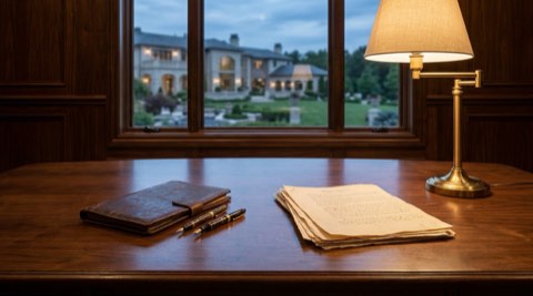 Contract papers and pen on a wood desk overlooking a luxury estate
