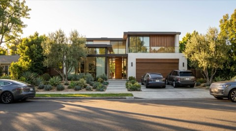 An upscale home exterior with clean modern landscaping under bright daylight