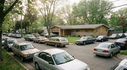 Several cars parked along the curb outside a Mar Vista home during a busy open house