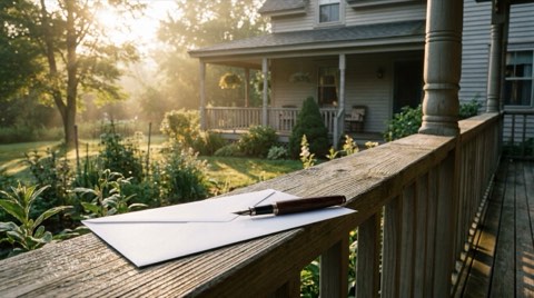 A blank envelope and pen resting on a wooden porch railing in soft morning light.