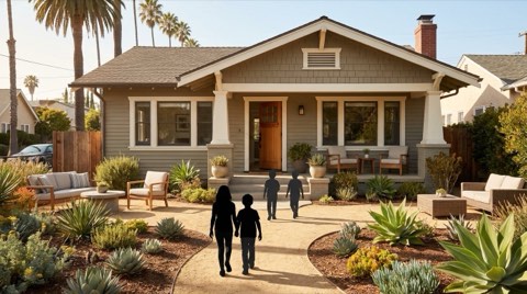 Silhouetted visitors walking toward an open house at a Venice bungalow