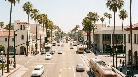 A palm-lined street intersection with light traffic near Mar Vista