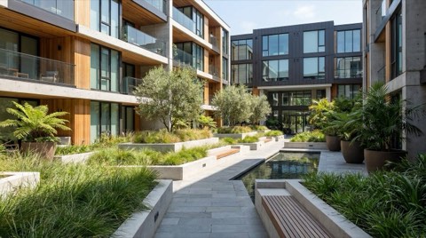 A modern condo building exterior with a shared courtyard in Mar Vista