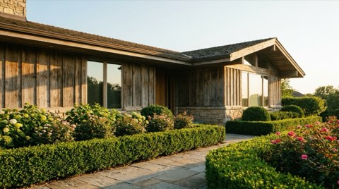 An upscale ranch home exterior with manicured landscaping in Mar Vista
