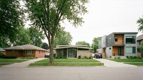 Three different home architectural styles side by side on a Mar Vista street