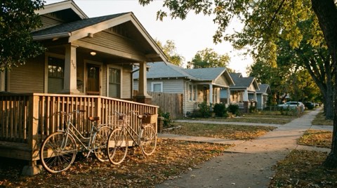 Bicycles leaning against a porch railing on a relaxed residential street in Mar Vista