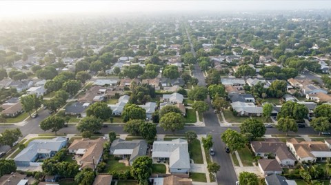 An aerial view over a grid of residential streets in Mar Vista