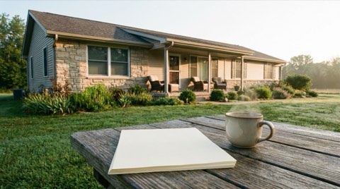 A stack of paperwork and a coffee cup on an outdoor table in front of a Mar Vista home