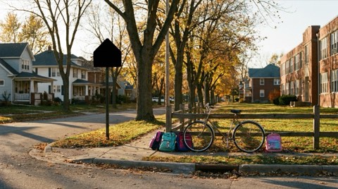 Backpacks and a bicycle leaning against a fence near a tree-lined school street in Mar Vista
