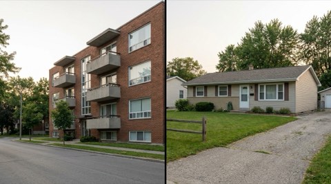 An apartment building beside a single-family ranch home, comparing renting versus buying in Mar Vista
