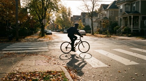 A cyclist silhouette riding past a crosswalk on a Mar Vista sidewalk