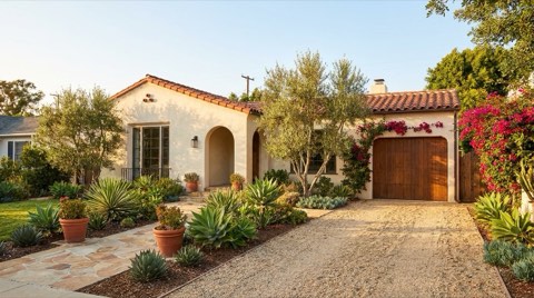 A traditional Beverlywood home exterior with immaculate landscaping staged in late afternoon light