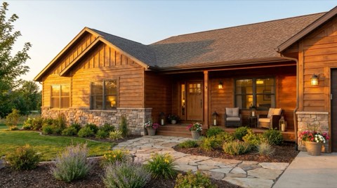 A staged ranch home exterior glowing in golden hour light in Mar Vista