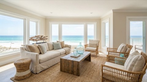 A bright, professionally staged coastal living room with large ocean-view windows