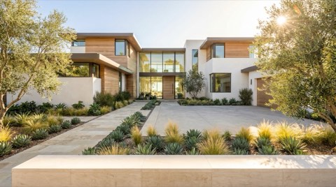 A staged modern home exterior with clean landscaping and bright daylight, photographed in the style of professional real estate marketing.