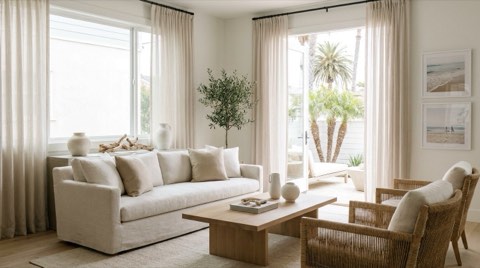 A bright, professionally staged living room interior in a Venice beach bungalow