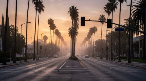 A wide morning street view of a palm-tree-lined boulevard with light haze suggesting an early commute