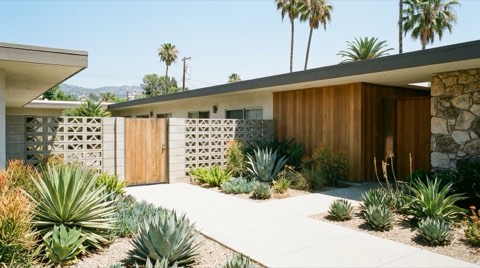 A well-maintained condo building courtyard entrance with midcentury architecture and clean shared landscaping