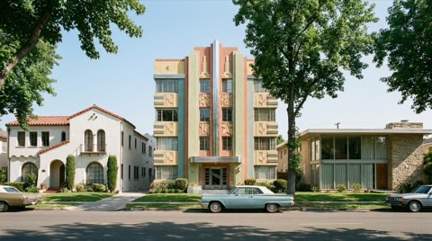 A tree-lined block showing a mix of Spanish Colonial Revival, Art Deco, and mid-century modern buildings side by side