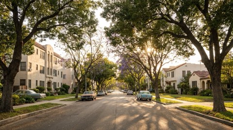 A broad neighborhood street scene at late afternoon with warm golden light on historic apartment buildings and homes