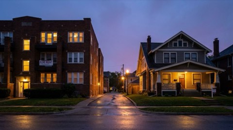 A residential street at dusk with an apartment building on one side and a single-family home on the other, windows glowing warm