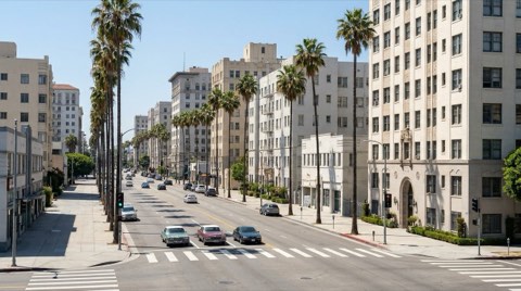 A busy boulevard streetscape lined with mid-rise apartment buildings and palm trees under clear bright daylight