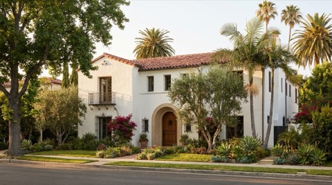 1920s Spanish Revival style historic home with mature landscaping in a Los Angeles neighborhood