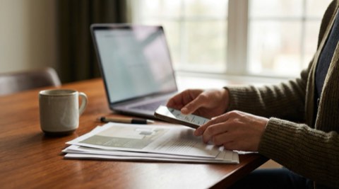 Hands reviewing financial documents at a table with warm light