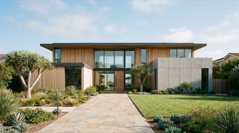 A larger modern two-story home exterior with a spacious yard in Mar Vista